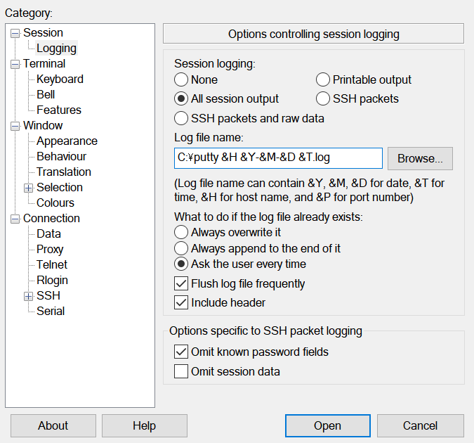 How to create log in putty session?